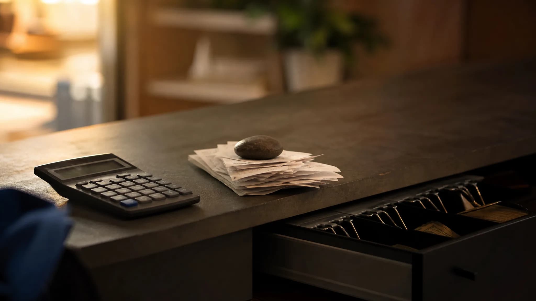 Comptoir de boutique à la fermeture : une calculatrice, une pile de tickets et un tiroir-caisse entrouvert, dans une lumière de fin de journée.