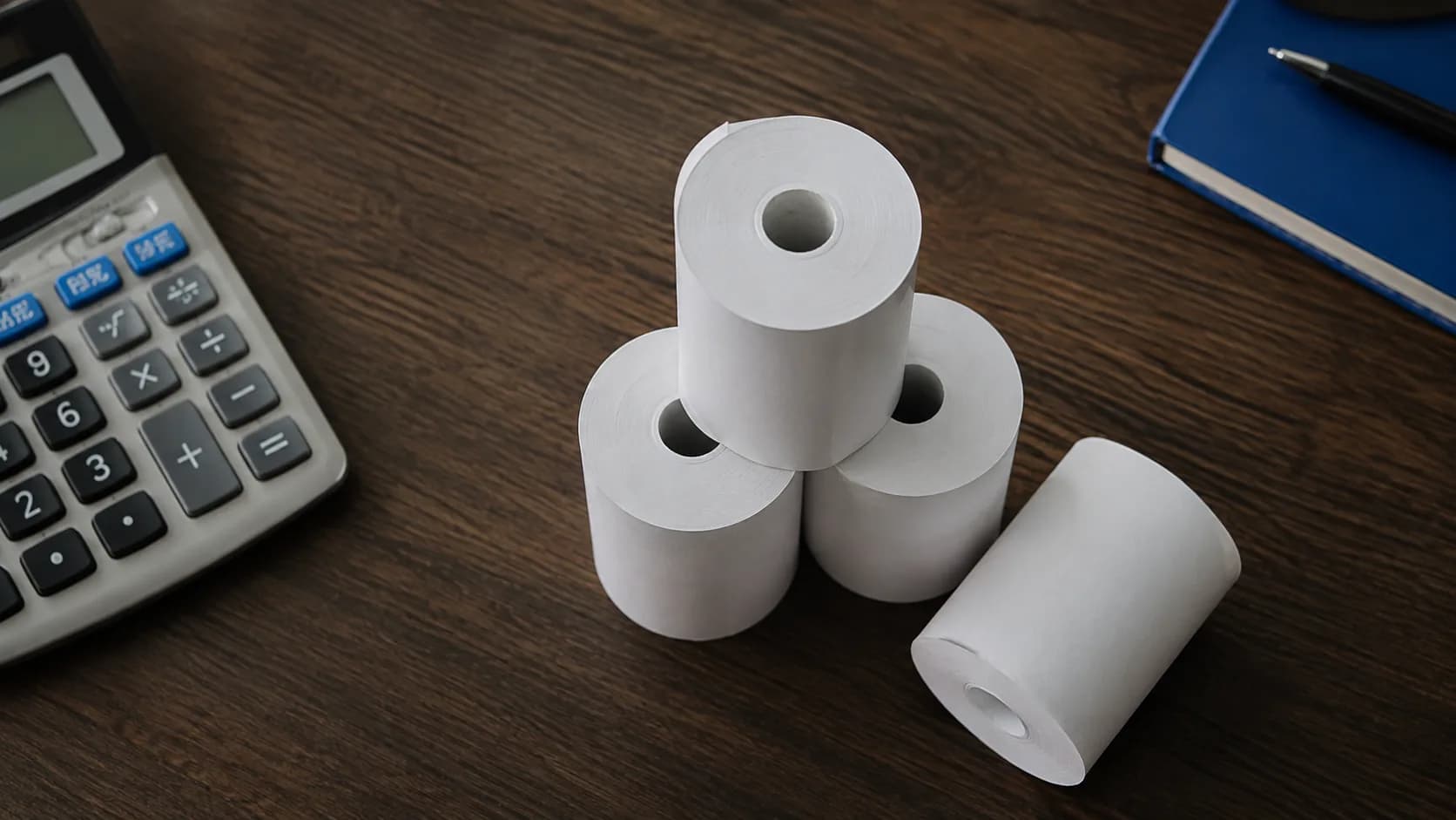 Vue de dessus d'une pile de rouleaux de papier thermique vierges et d'une calculatrice posés sur un plan de travail en bois sombre.