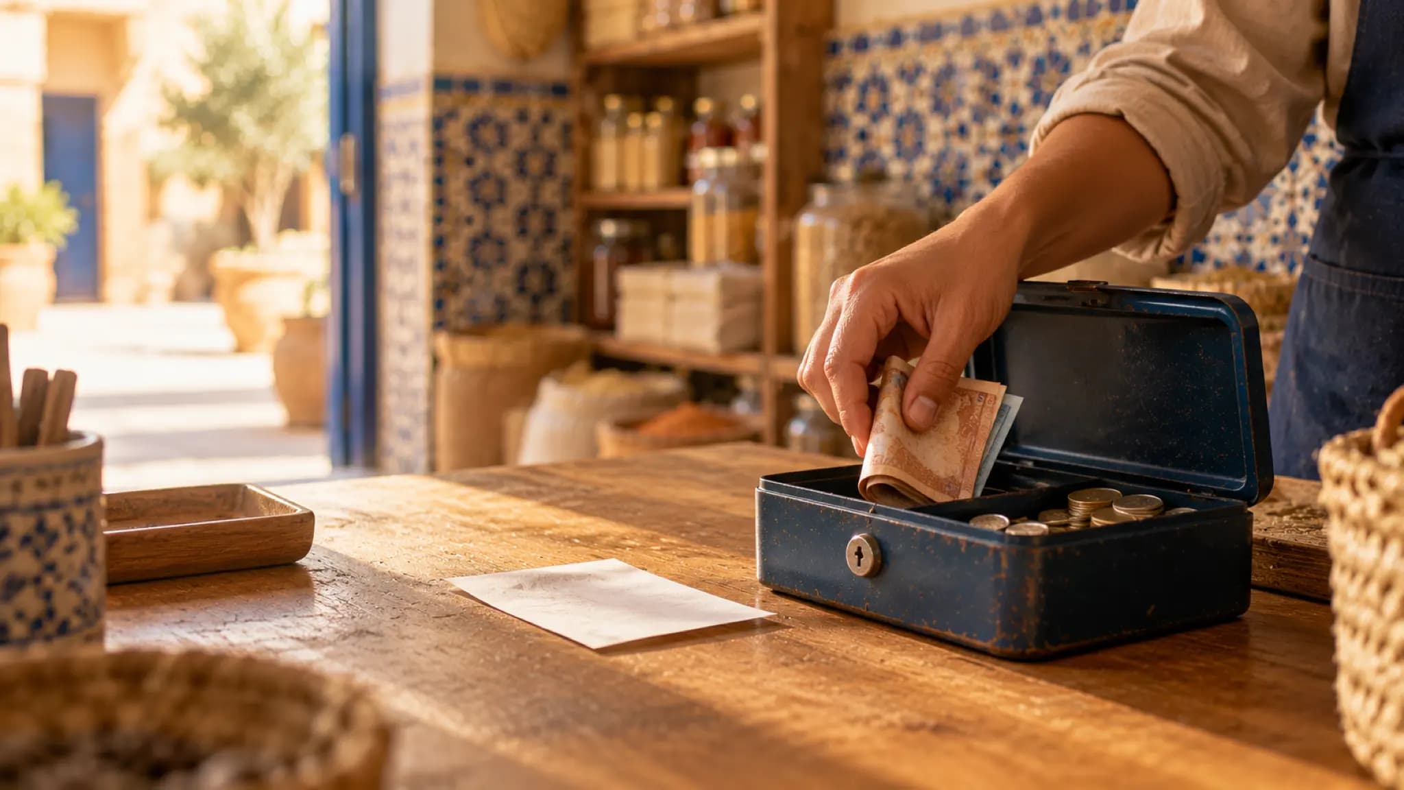 Une main qui dépose une liasse de billets dans une petite caisse métallique contenant des pièces, sur un comptoir en bois, à côté d'une feuille de papier.