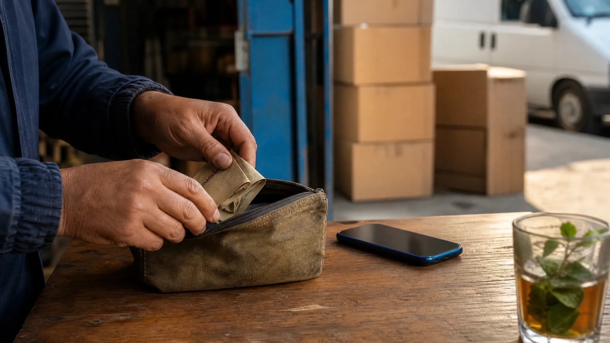 Mains d'un vendeur glissant des billets pliés dans une pochette en toile sur le bureau d'un dépôt marocain en fin de journée, un téléphone posé à côté.