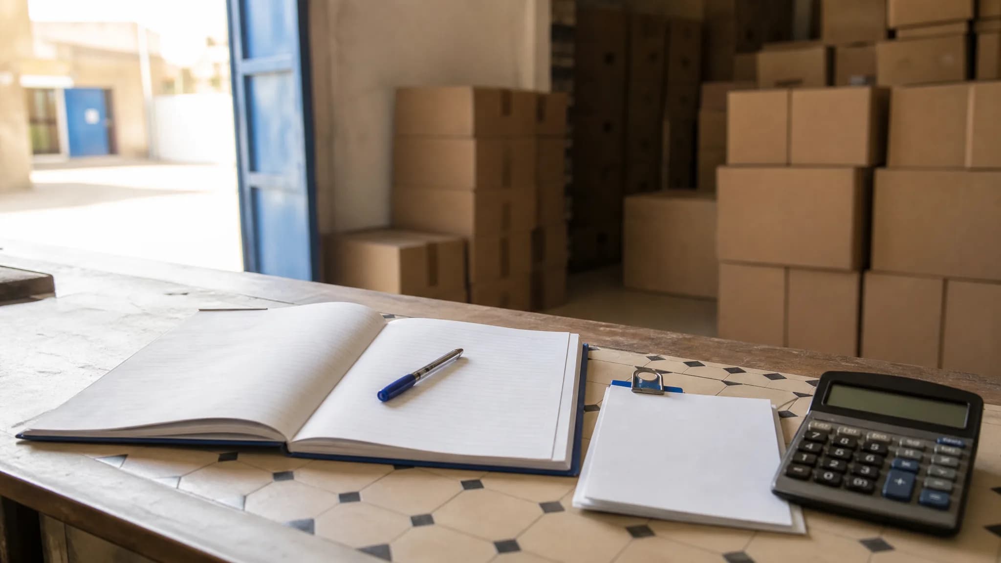 Comptoir d'un dépôt de gros avec un carnet de crédit ouvert, une liasse de chèques et une calculatrice, des cartons empilés en arrière-plan.