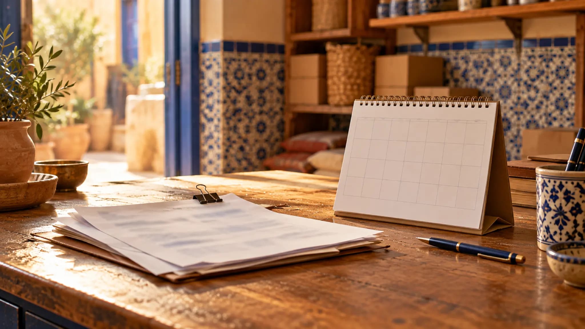 Un calendrier de bureau aux cases vides à côté d'une pile de factures retenues par une pince, sur un bureau en bois.