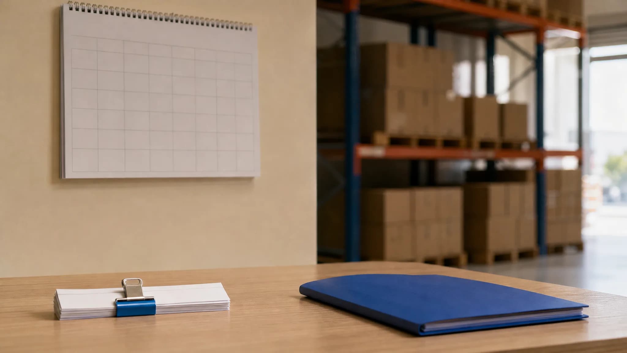 Bureau d'un dépôt de gros avec une pile de factures, un calendrier mural et un classeur ouvert, des cartons de marchandise en arrière-plan.