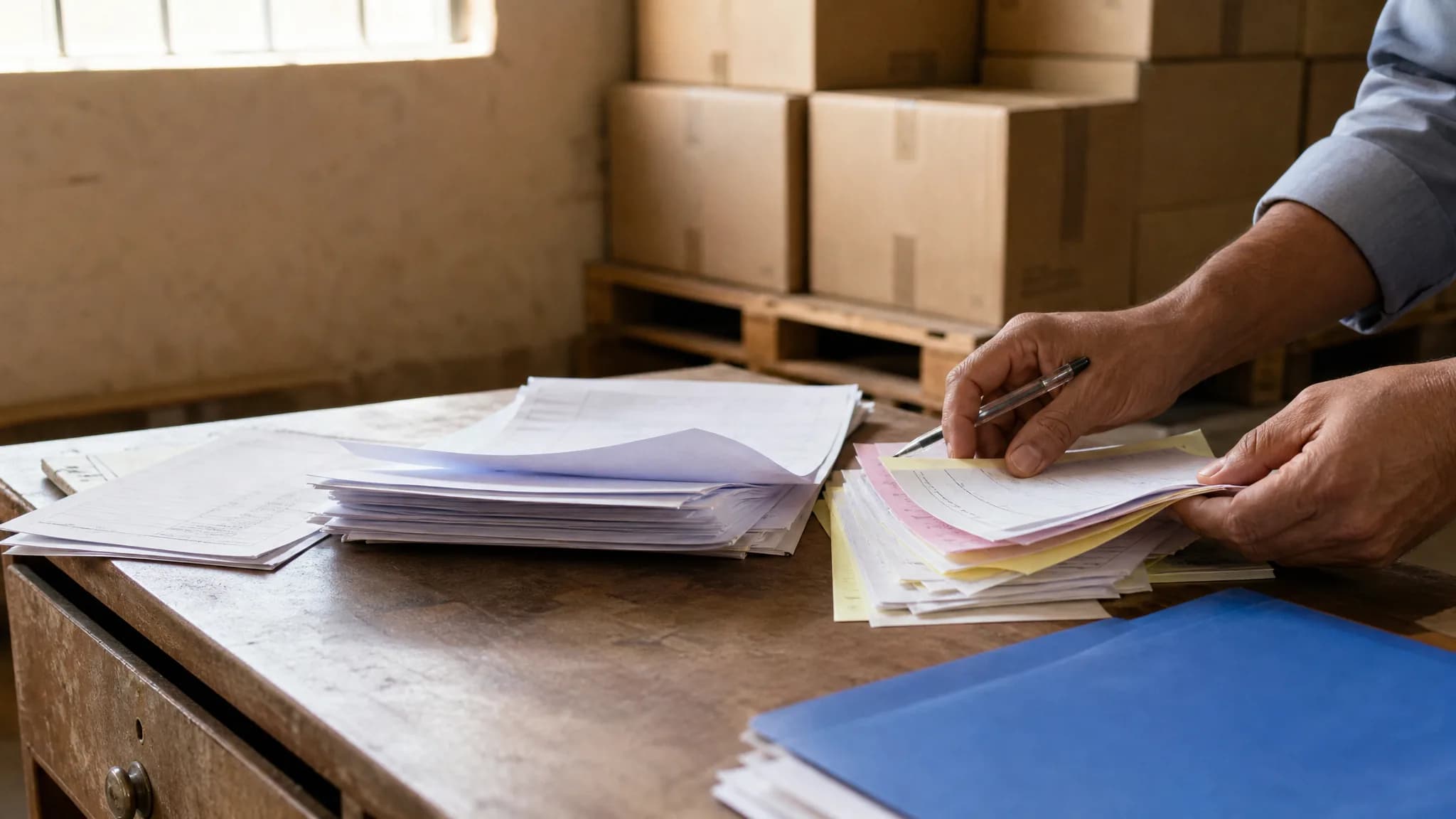 Bureau d'un dépôt de gros : des mains trient une pile de documents papier sur un bureau en bois, avec des cartons empilés en arrière-plan.