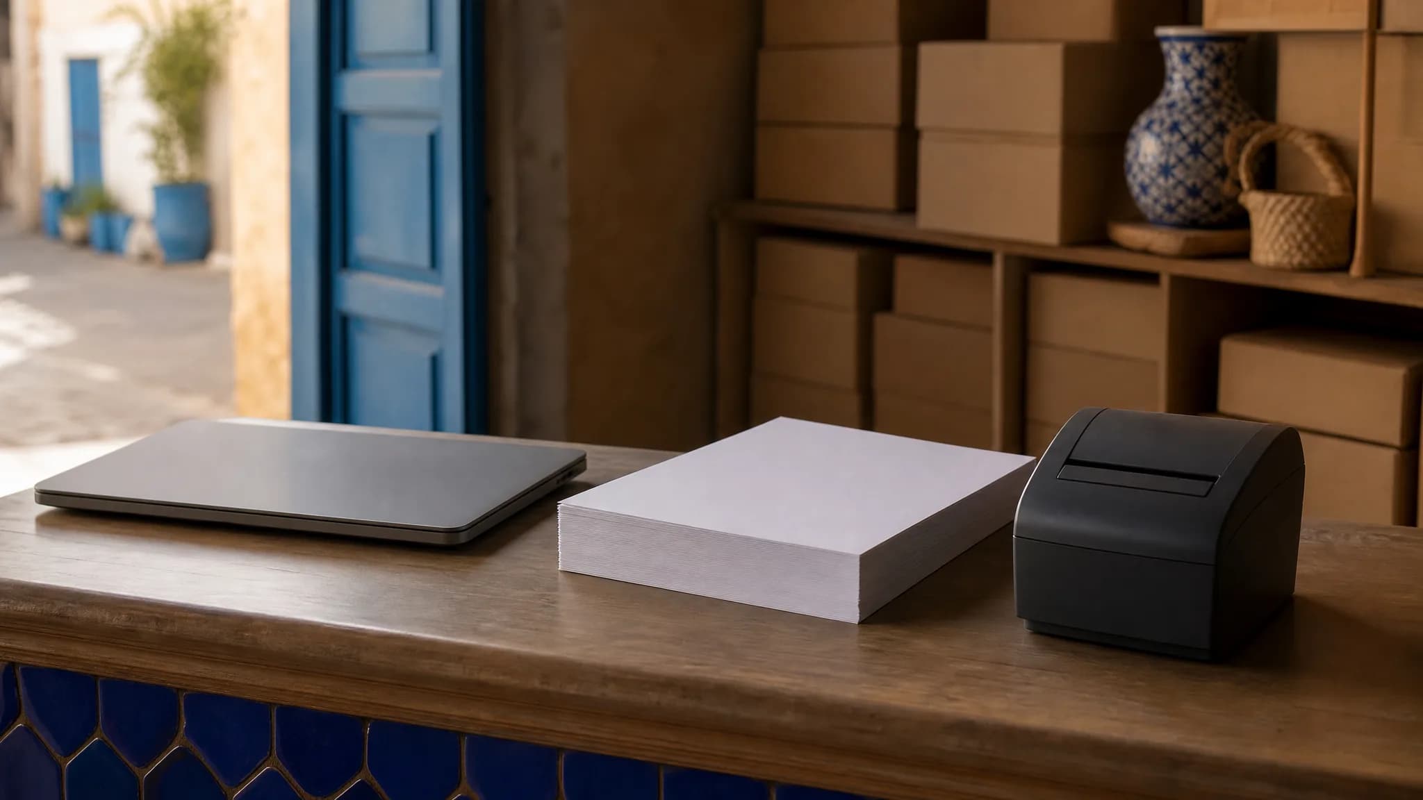 Un commerçant marocain dans son dépôt, une liasse de factures papier à la main, à côté d'un ordinateur portable fermé sur un bureau en bois.