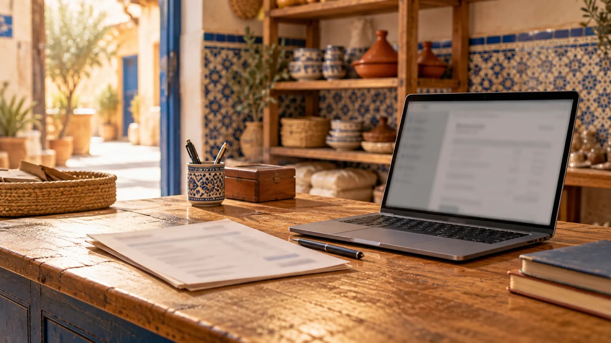 Une facture papier posée sur un bureau en bois à côté d'un ordinateur portable ouvert qui affiche un document flou.