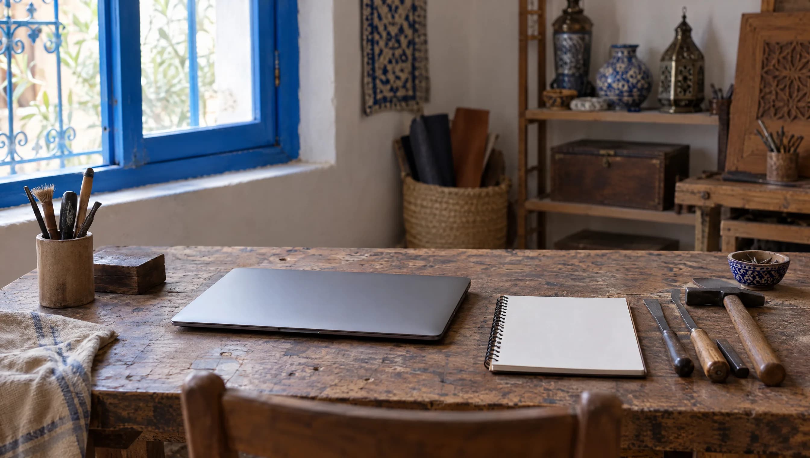 Jeune artisan assis à un petit bureau dans son atelier, un ordinateur portable ouvert devant lui et un carnet de commandes à côté, lumière douce venant d'une fenêtre.