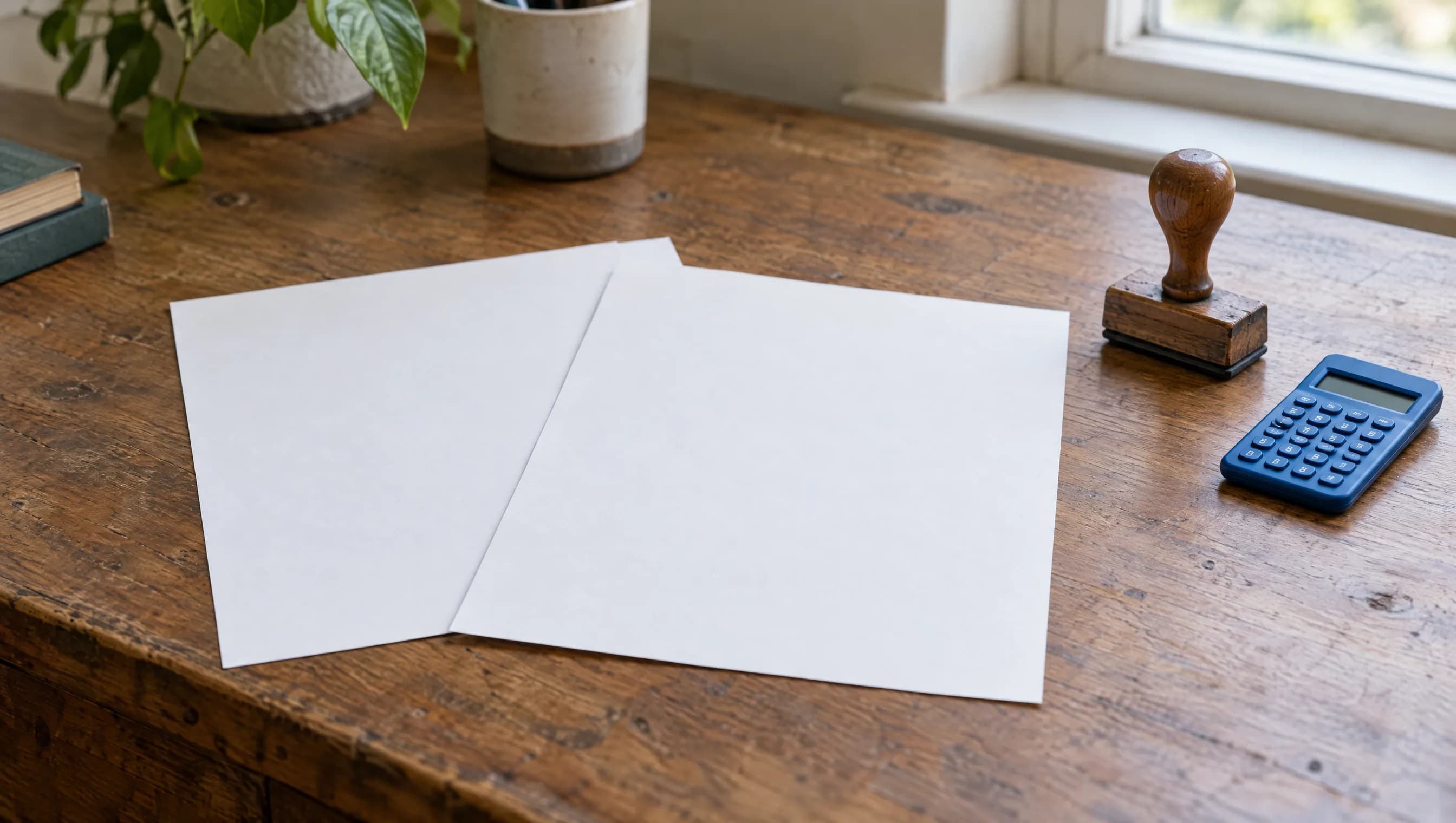 Deux factures imprimées posées côte à côte sur un comptoir en bois, l'une annotée au stylo, à côté d'un tampon d'entreprise et d'une calculatrice.