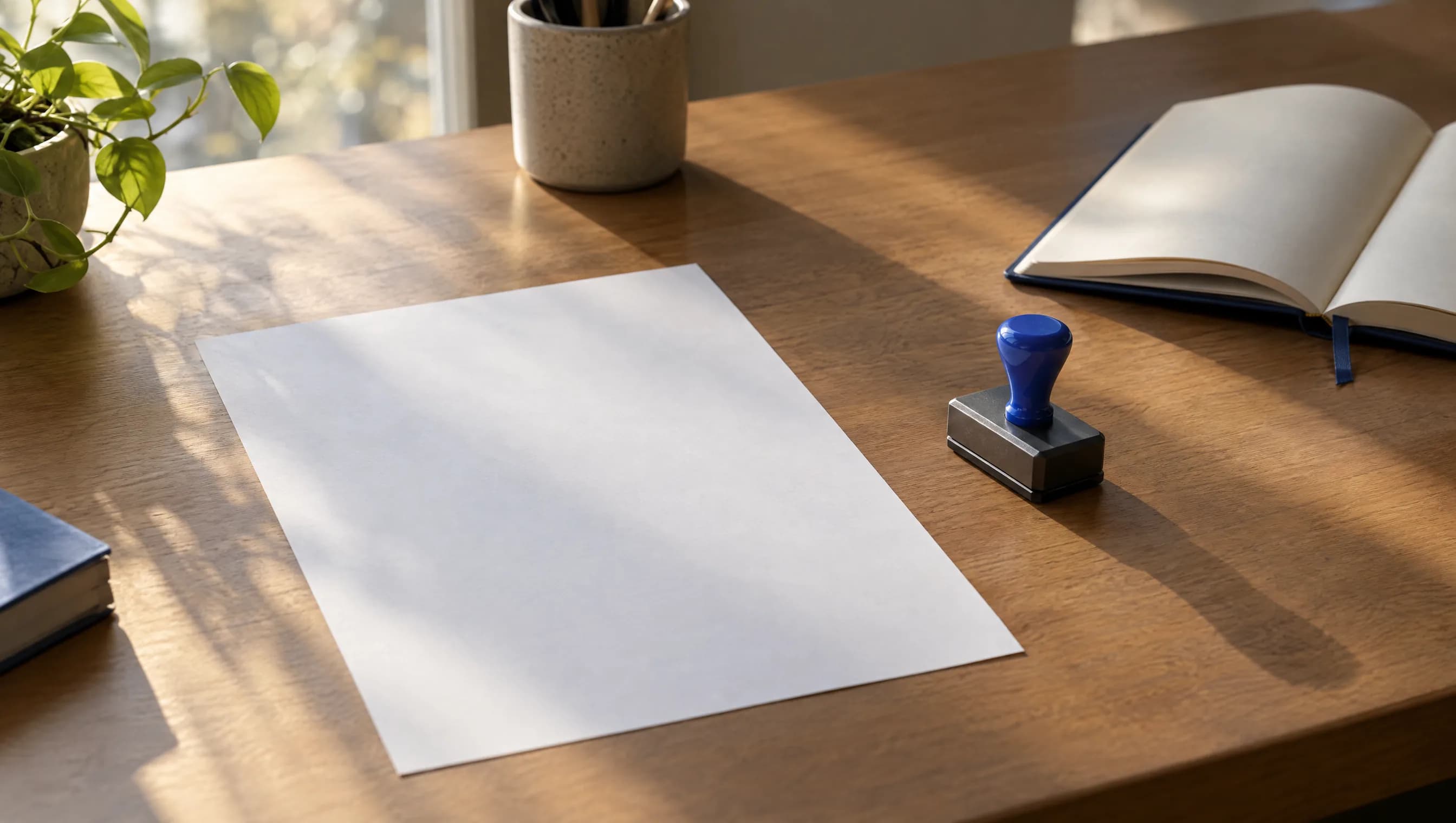 A printed commercial document on a desk next to a company stamp and an open notebook, late afternoon light across the worktop.