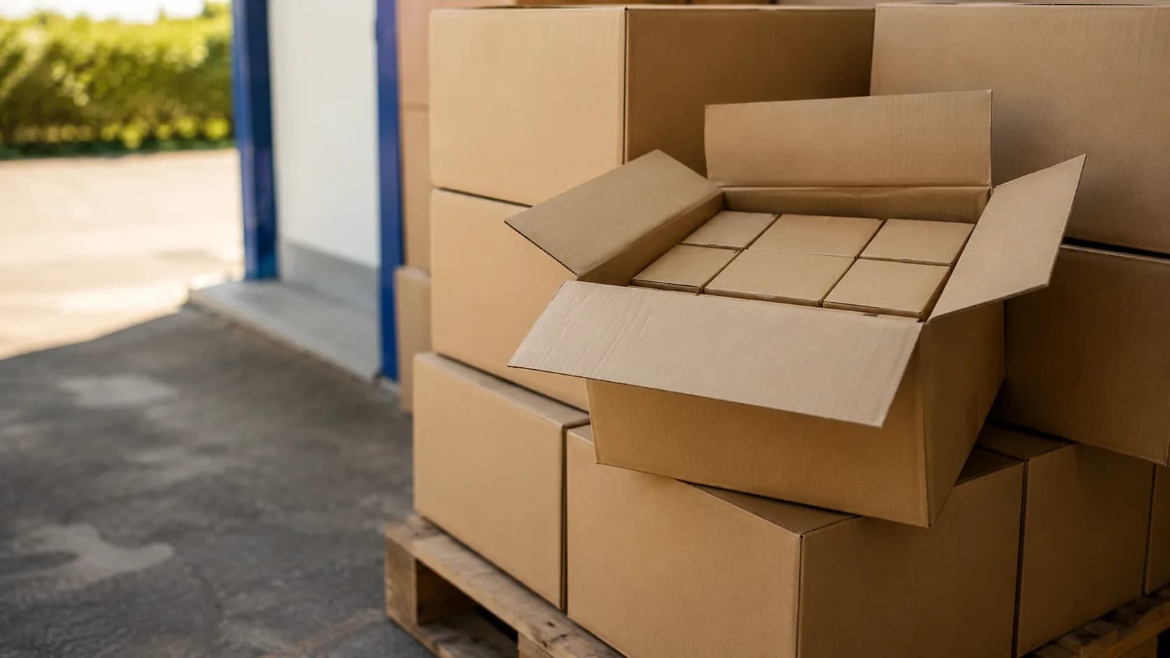 Cartons empilés sur une palette, photographiés de biais, l'un d'eux ouvert par le haut et laissant voir les unités à l'intérieur.