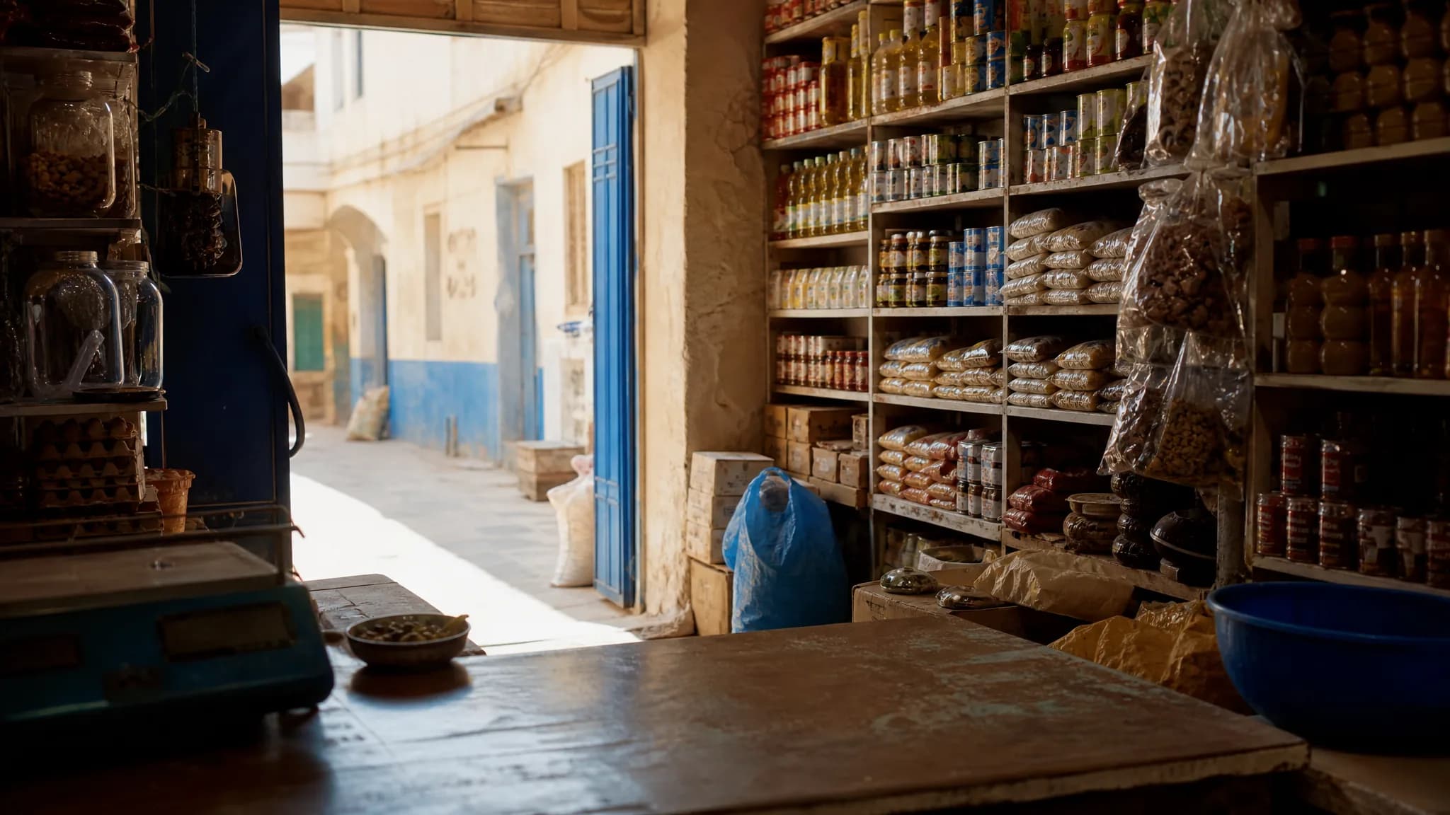 Rayonnages d'une petite épicerie de quartier vus depuis le côté comptoir, chargés de conserves, paquets et bouteilles.