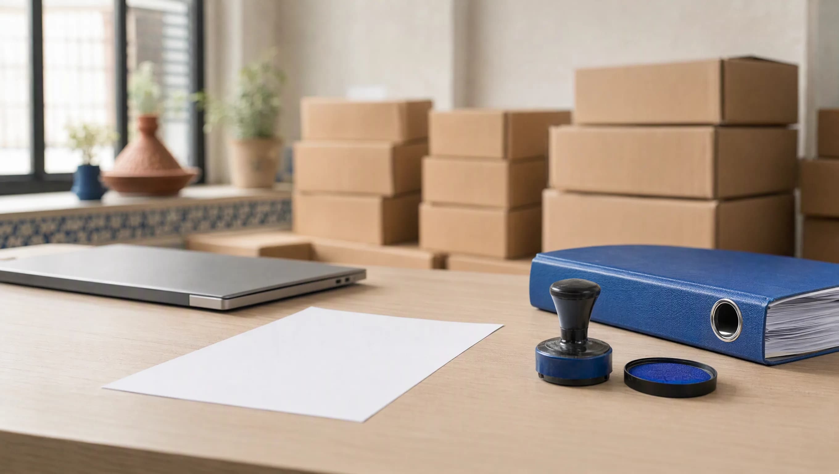 Bureau d'un commerce marocain avec une facture imprimée, un tampon d'entreprise et un classeur de documents administratifs posés à côté d'un ordinateur portable.