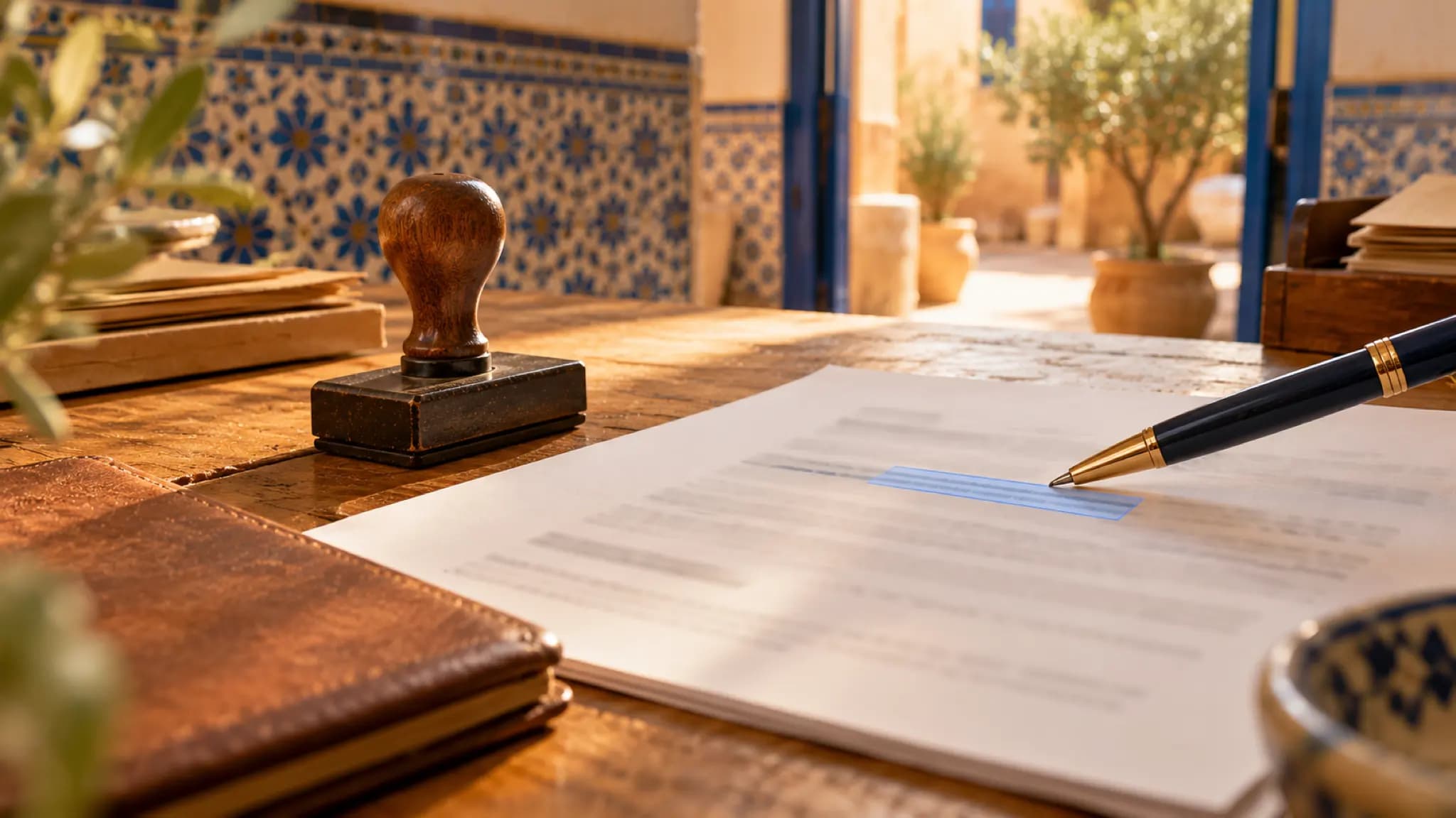 Un document imprimé posé sur un bureau en bois, une ligne surlignée en bleu et un stylo pointé dessus, un tampon encreur à côté.