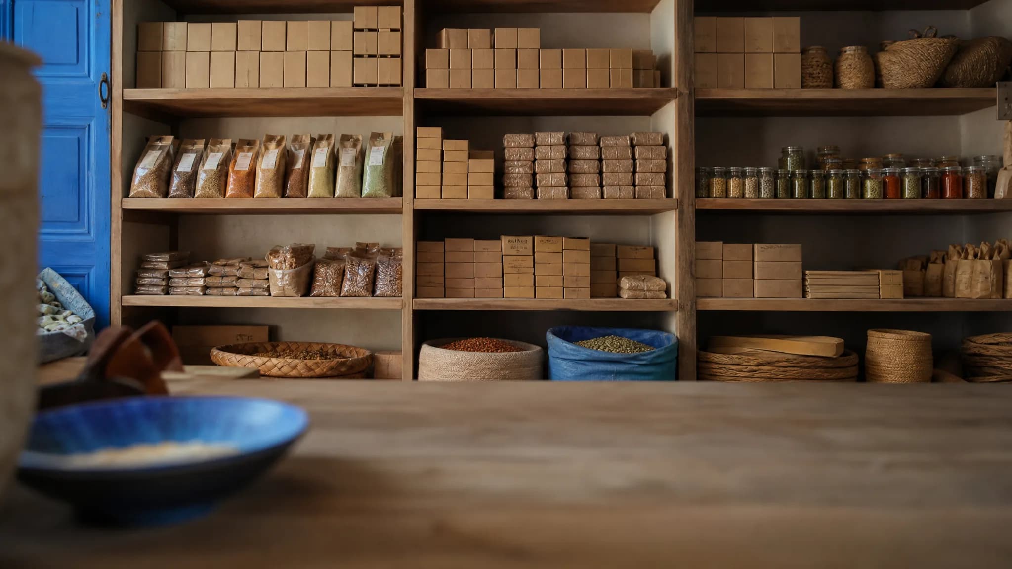 Étagères d'un magasin marocain remplies de cartons et de produits, avec un comptoir au premier plan.