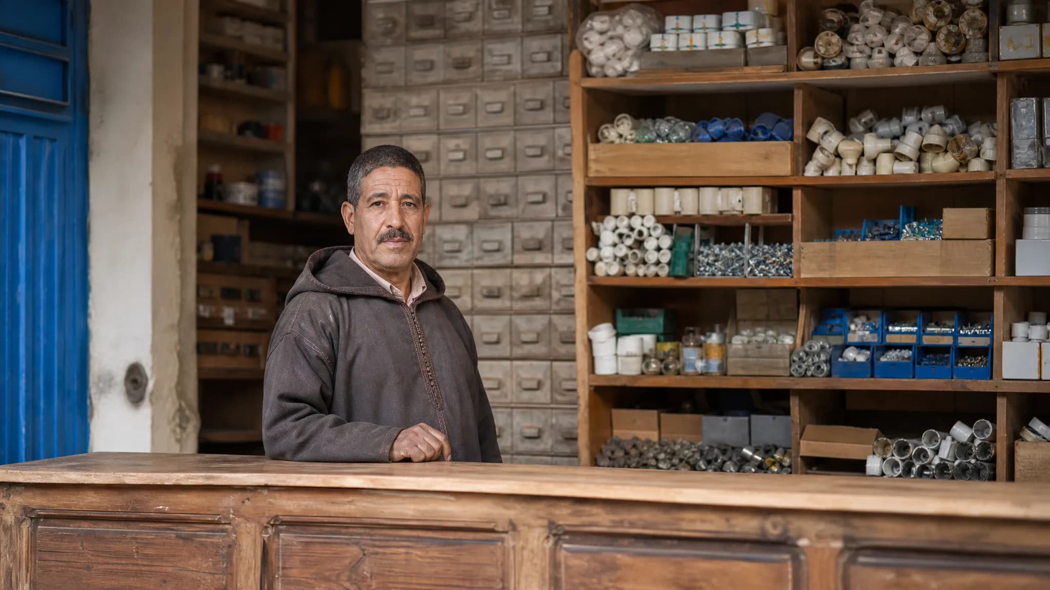 Intérieur d'une quincaillerie marocaine, murs de petits tiroirs et bacs contenant vis, raccords et pièces électriques, comptoir en bois au premier plan.