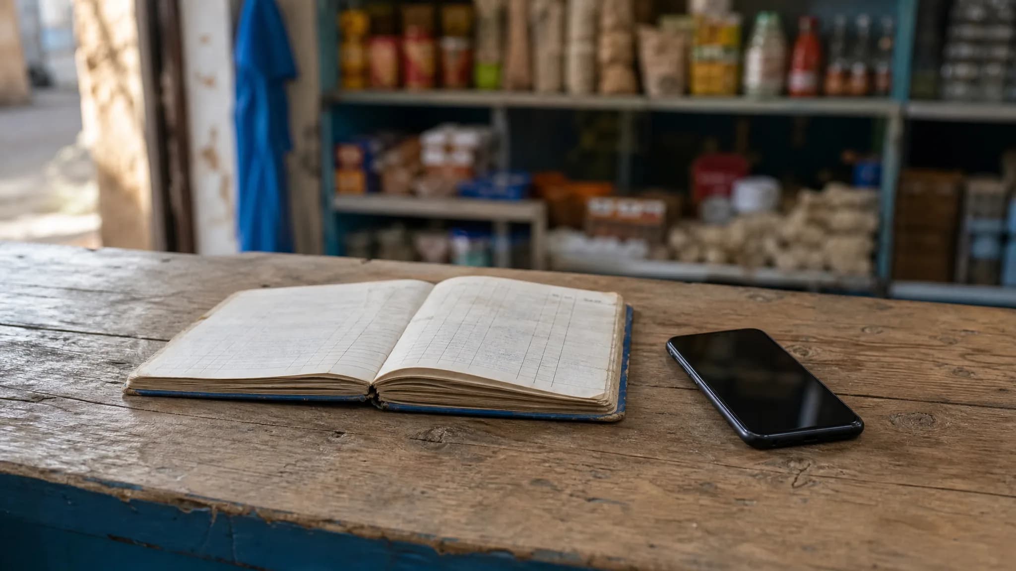 Carnet de crédit en papier ouvert sur le comptoir en bois d'une petite épicerie, un téléphone posé à côté.