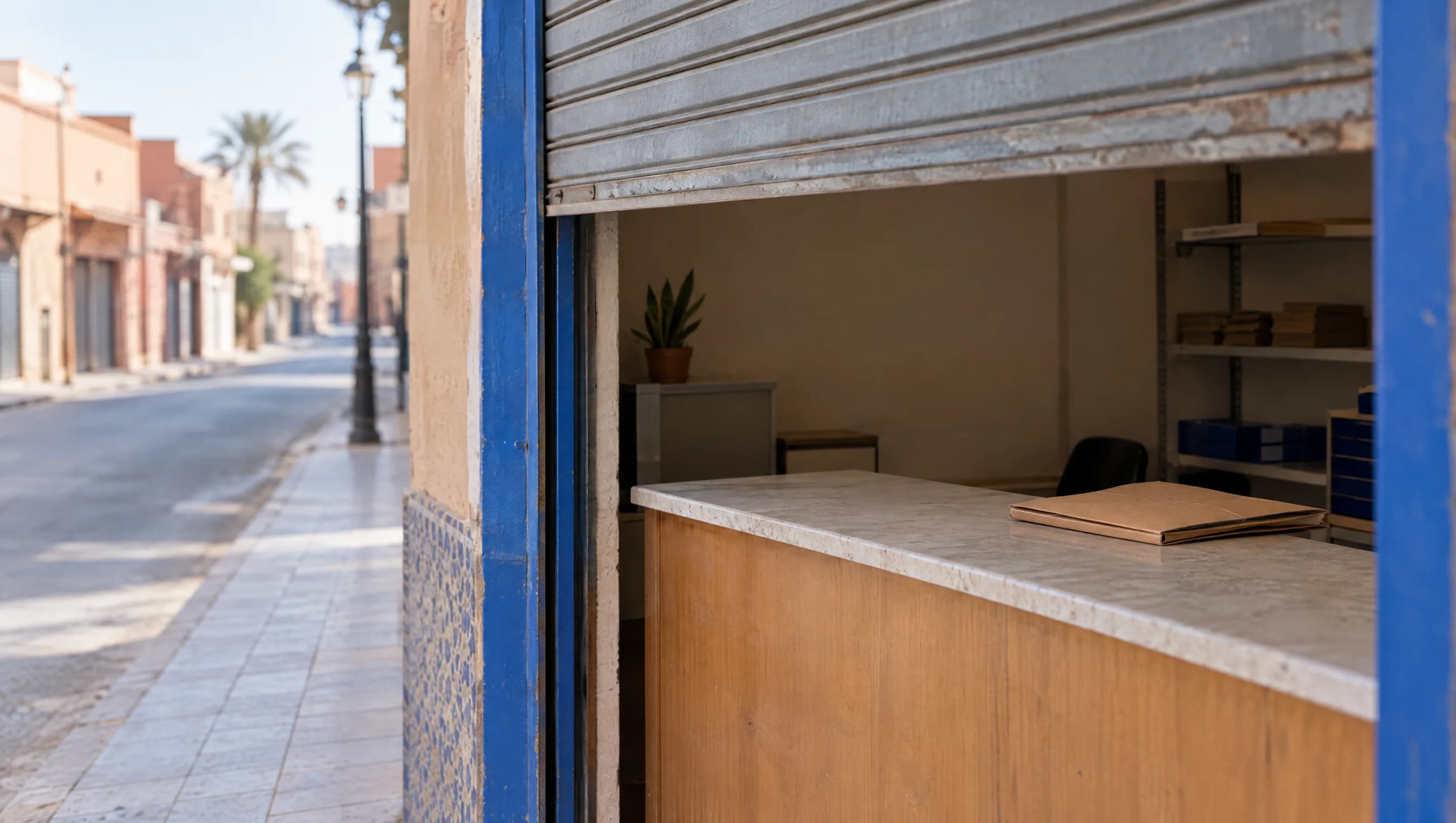 Devanture d'un commerce marocain en début de matinée, rideau métallique à moitié relevé, un classeur de documents administratifs posé sur le comptoir à l'intérieur.