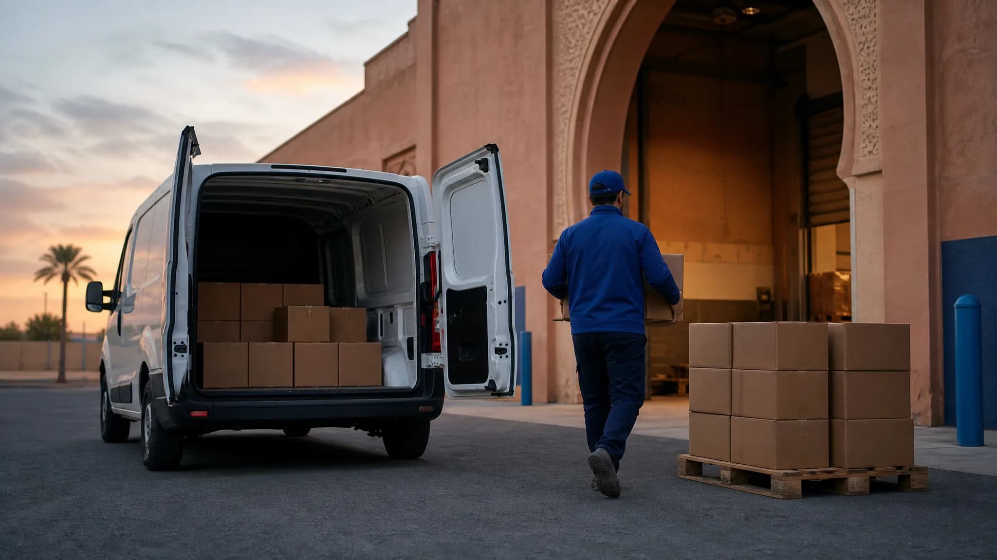 Camionnette de livraison aux portes arrière ouvertes, chargée de cartons devant un dépôt, dans la lumière bleutée du petit matin.