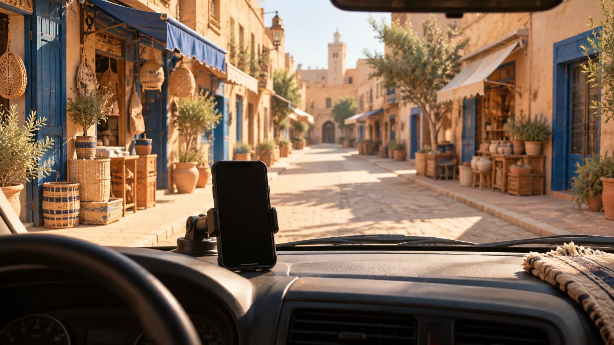 Vue depuis le poste de conduite d'un véhicule sur une rue ensoleillée bordée de petites boutiques, un téléphone fixé sur le tableau de bord, écran éteint.