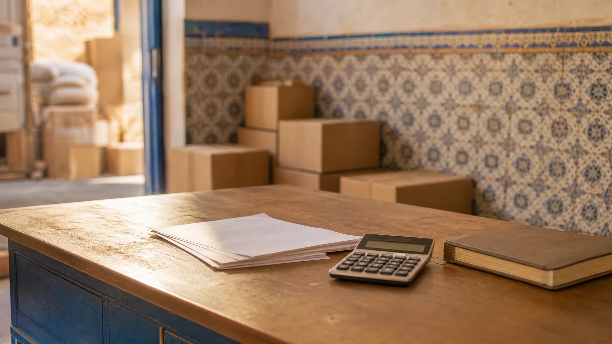 Bureau d'un grossiste marocain : une pile de factures, une calculatrice et un carnet ouvert posés sur un comptoir en bois, cartons de marchandises en arrière-plan.