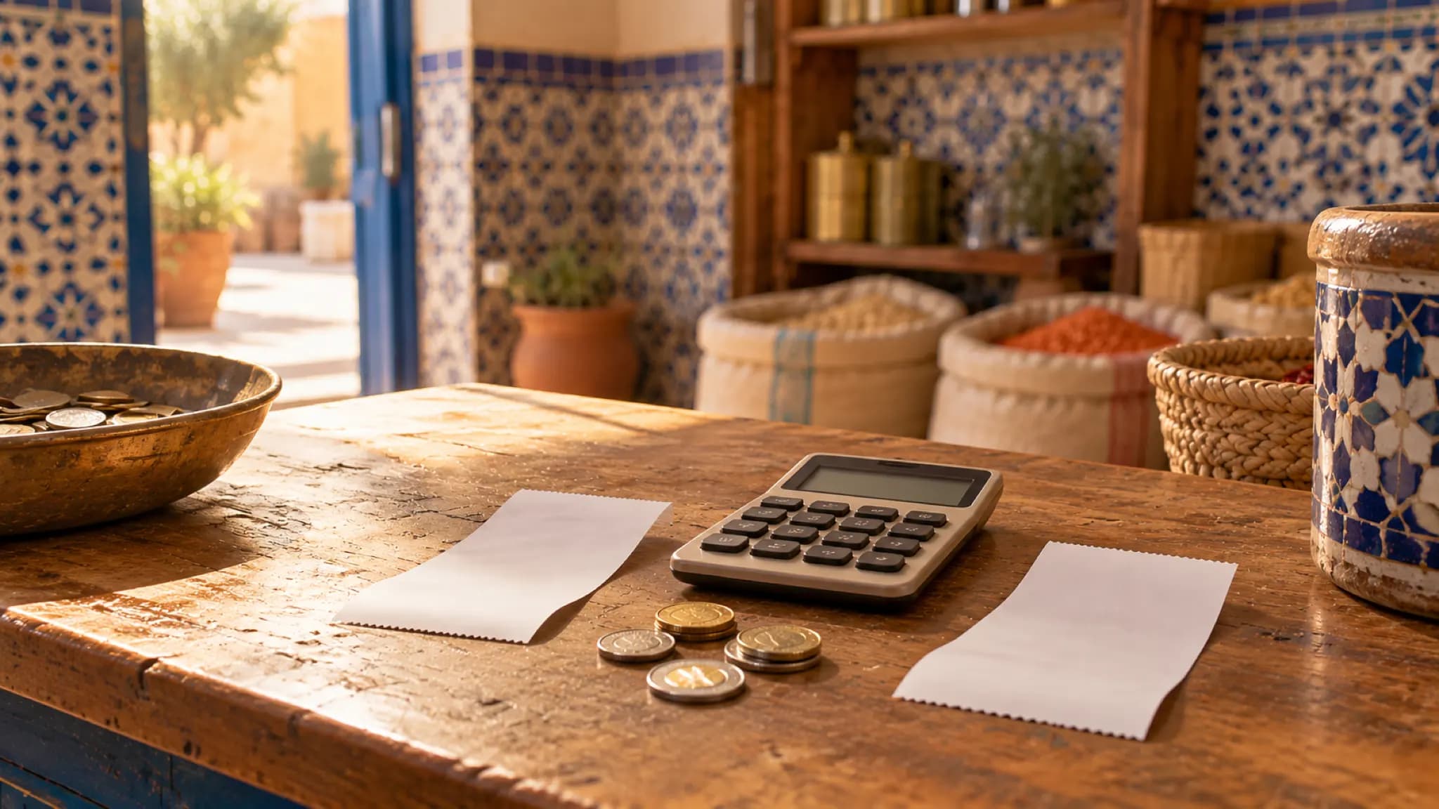 Deux tickets de caisse posés de part et d'autre d'une calculatrice sur un comptoir en bois, avec quelques pièces de monnaie.