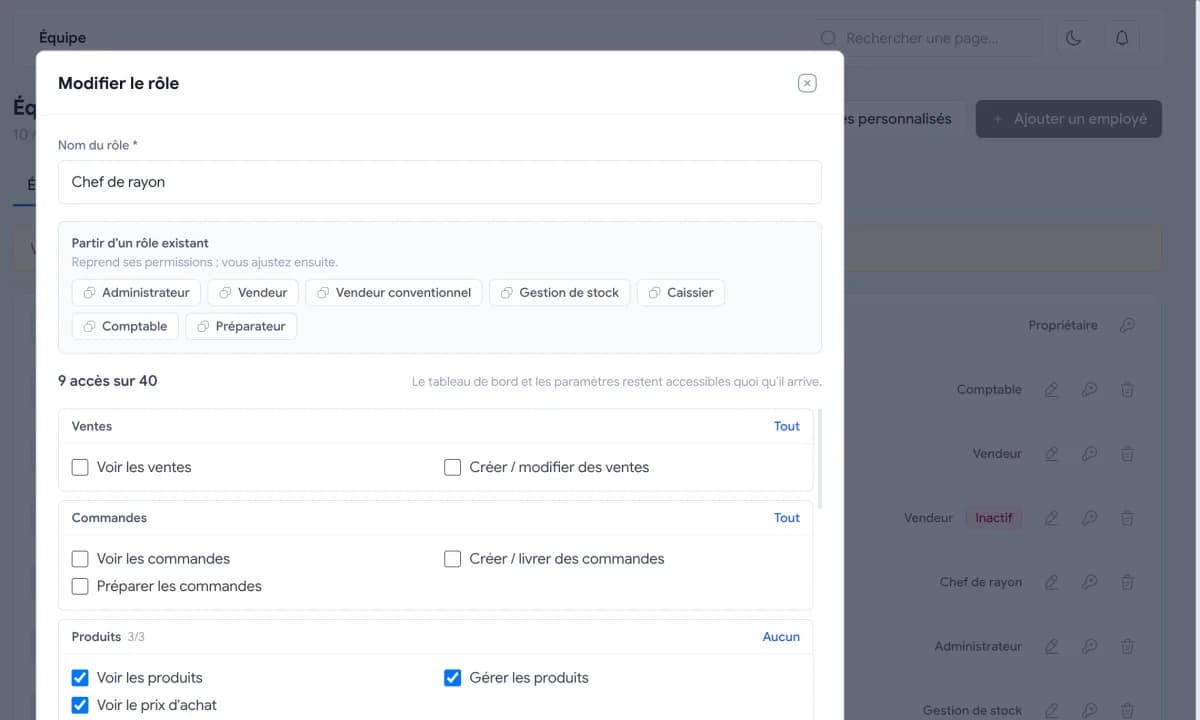 Écran Gestio de gestion des rôles et des permissions des employés