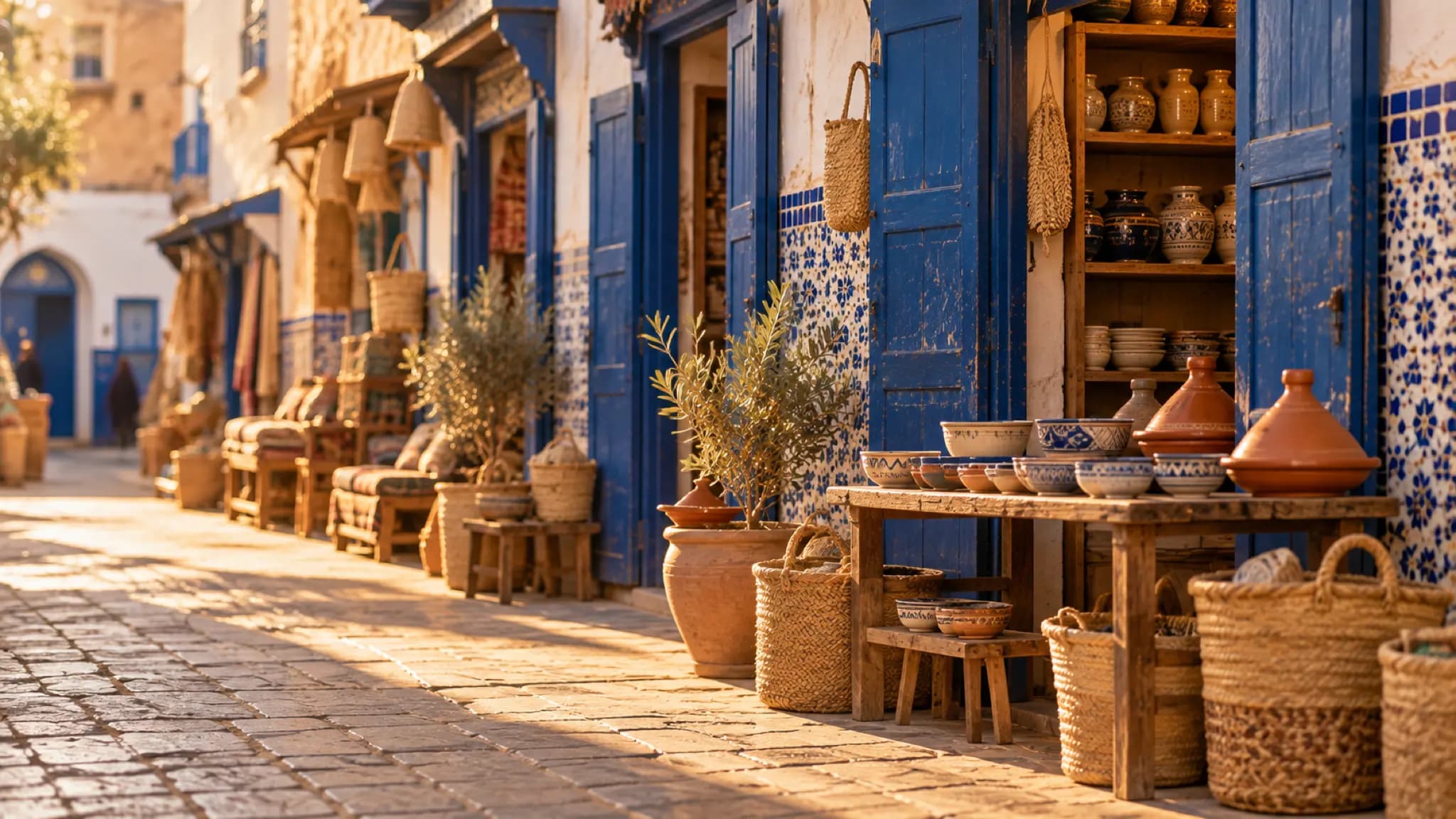 Une rue de boutiques traditionnelles au Maroc, en fin d'après-midi