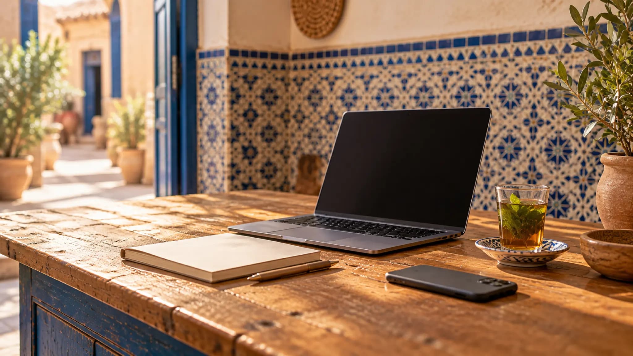 Un ordinateur, un carnet et un verre de thé sur une table en bois