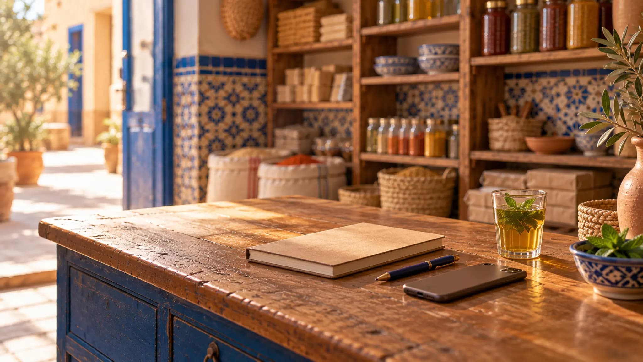 Un comptoir à l'ouverture : carnet, téléphone et verre de thé