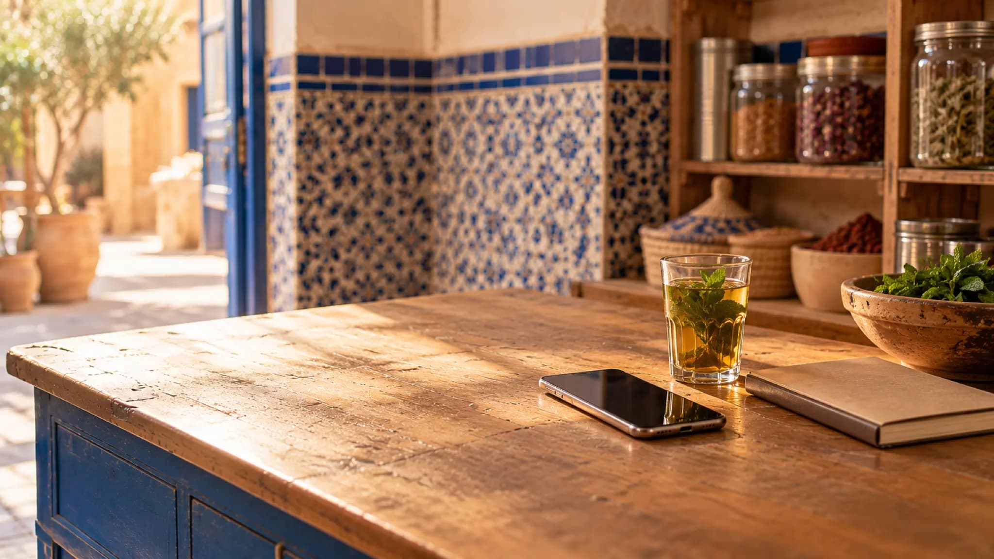 Un téléphone posé sur un comptoir, à côté d'un verre de thé