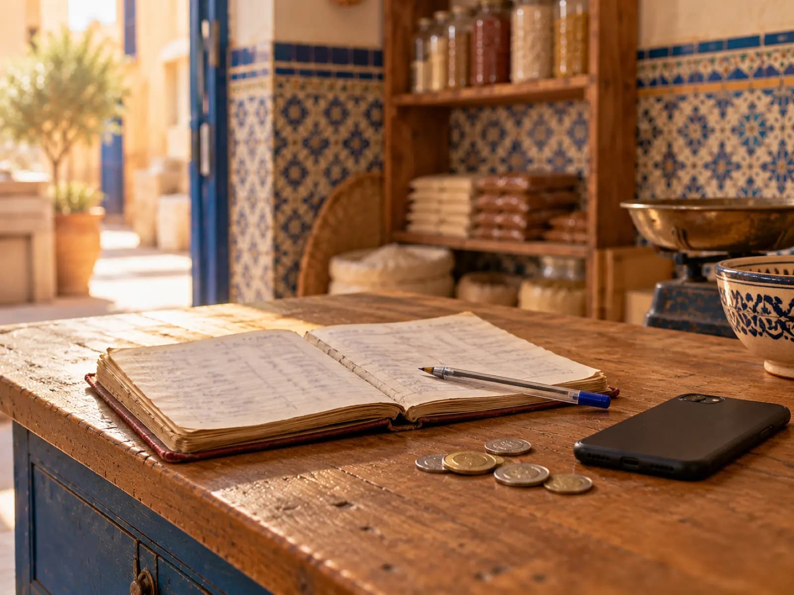 Un cahier de crédit ouvert sur le comptoir, à côté d'un téléphone