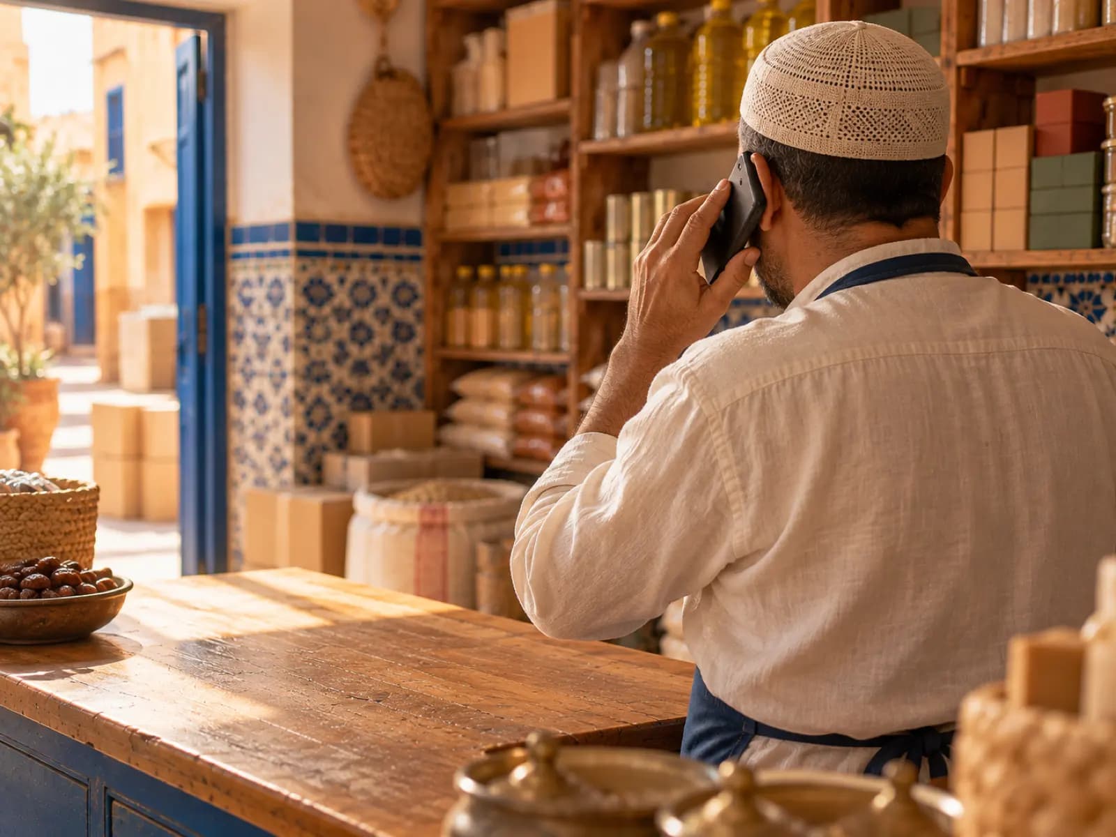 Un commerçant au téléphone derrière son comptoir