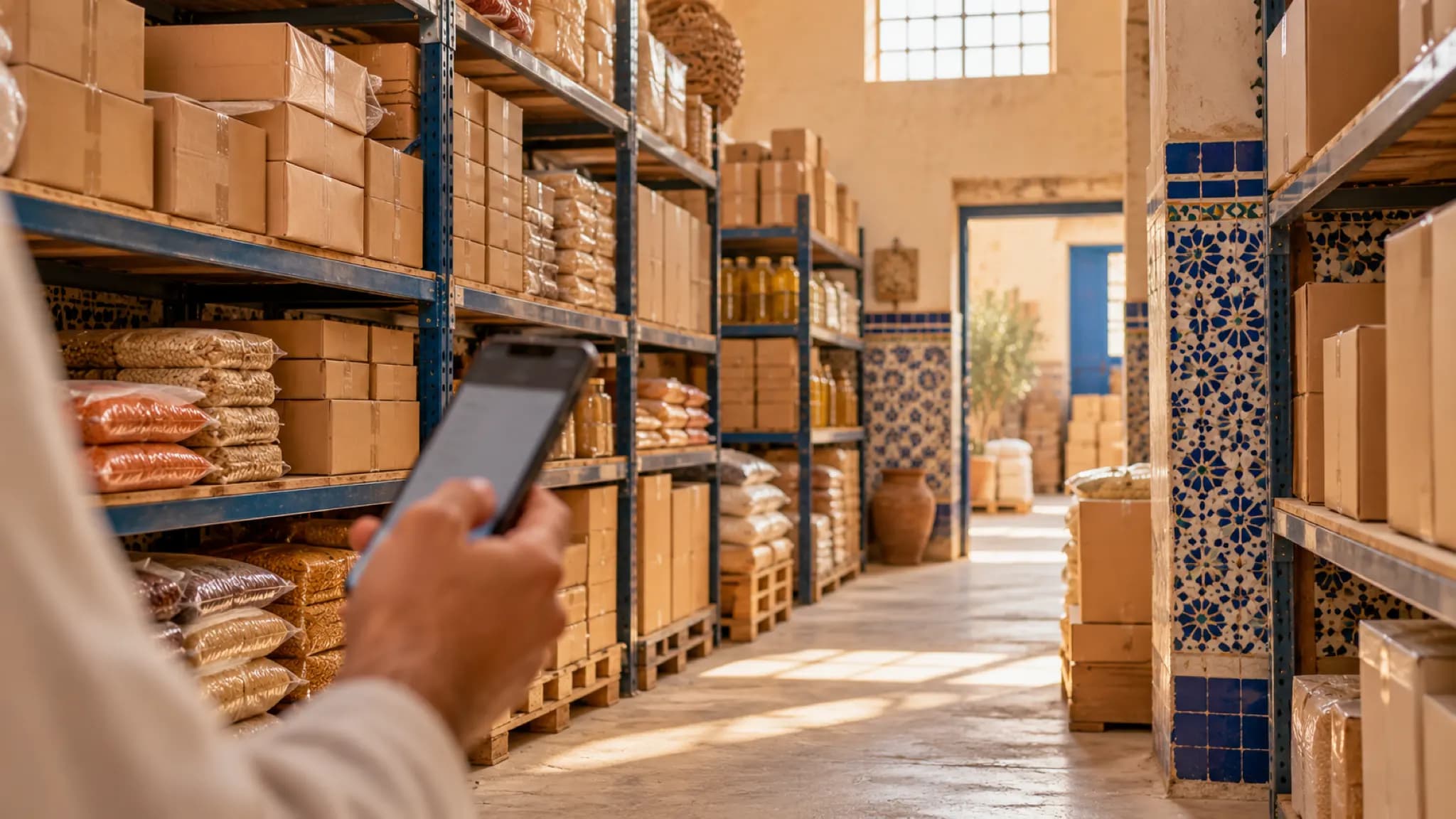 Une allée de dépôt rangée, un téléphone à la main au premier plan