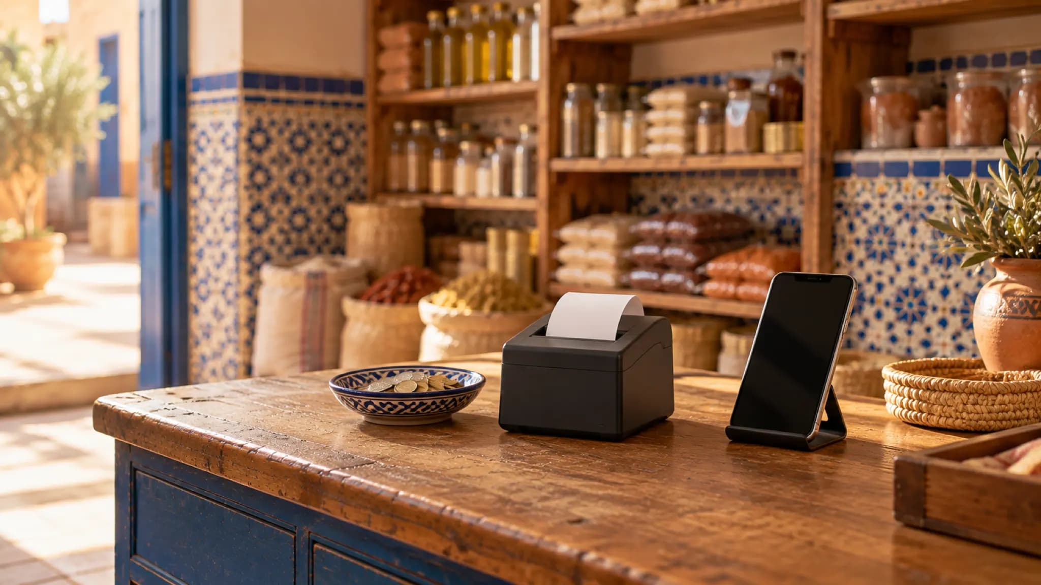 Un comptoir avec une imprimante de tickets et un téléphone sur support
