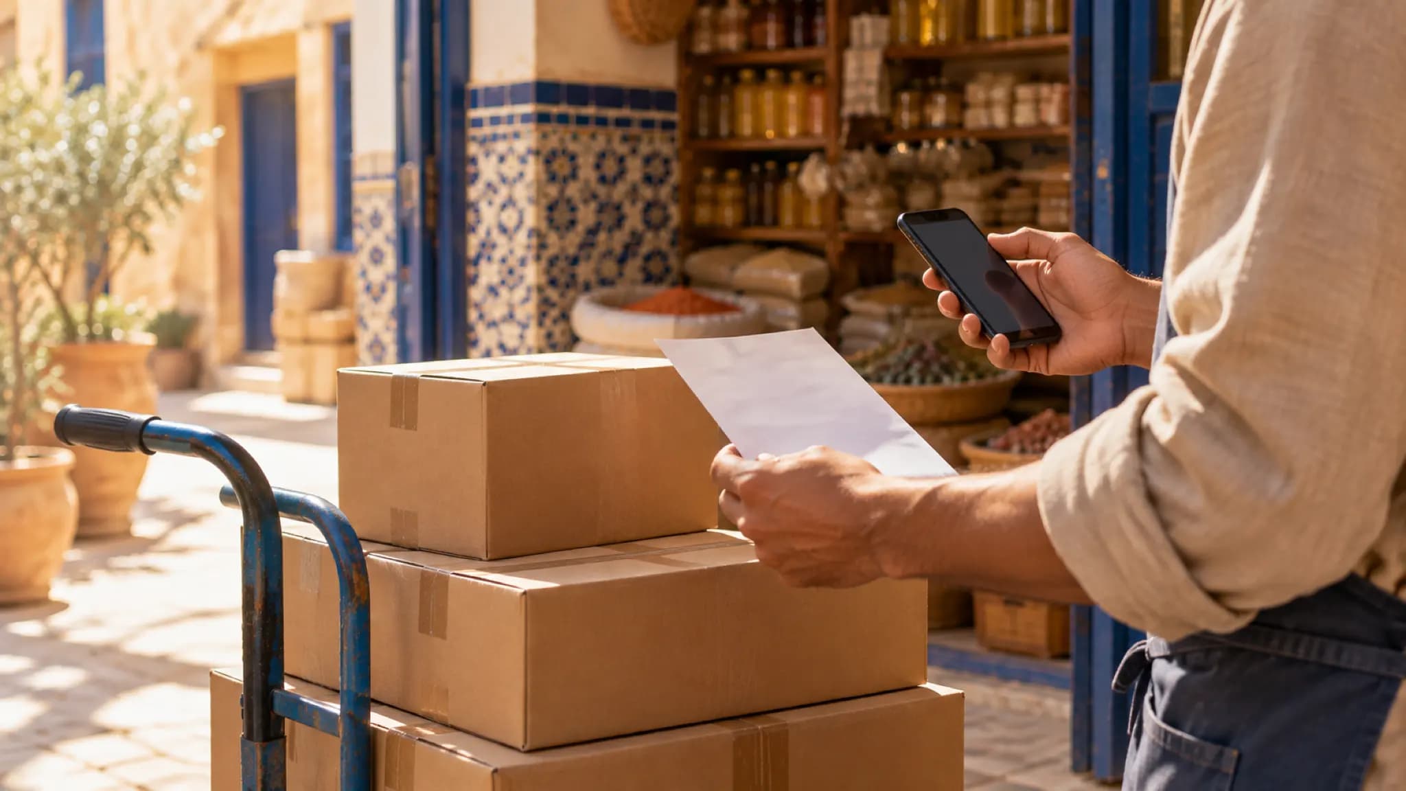 Un livreur, téléphone et bon de livraison en main, à l'entrée d'une épicerie
