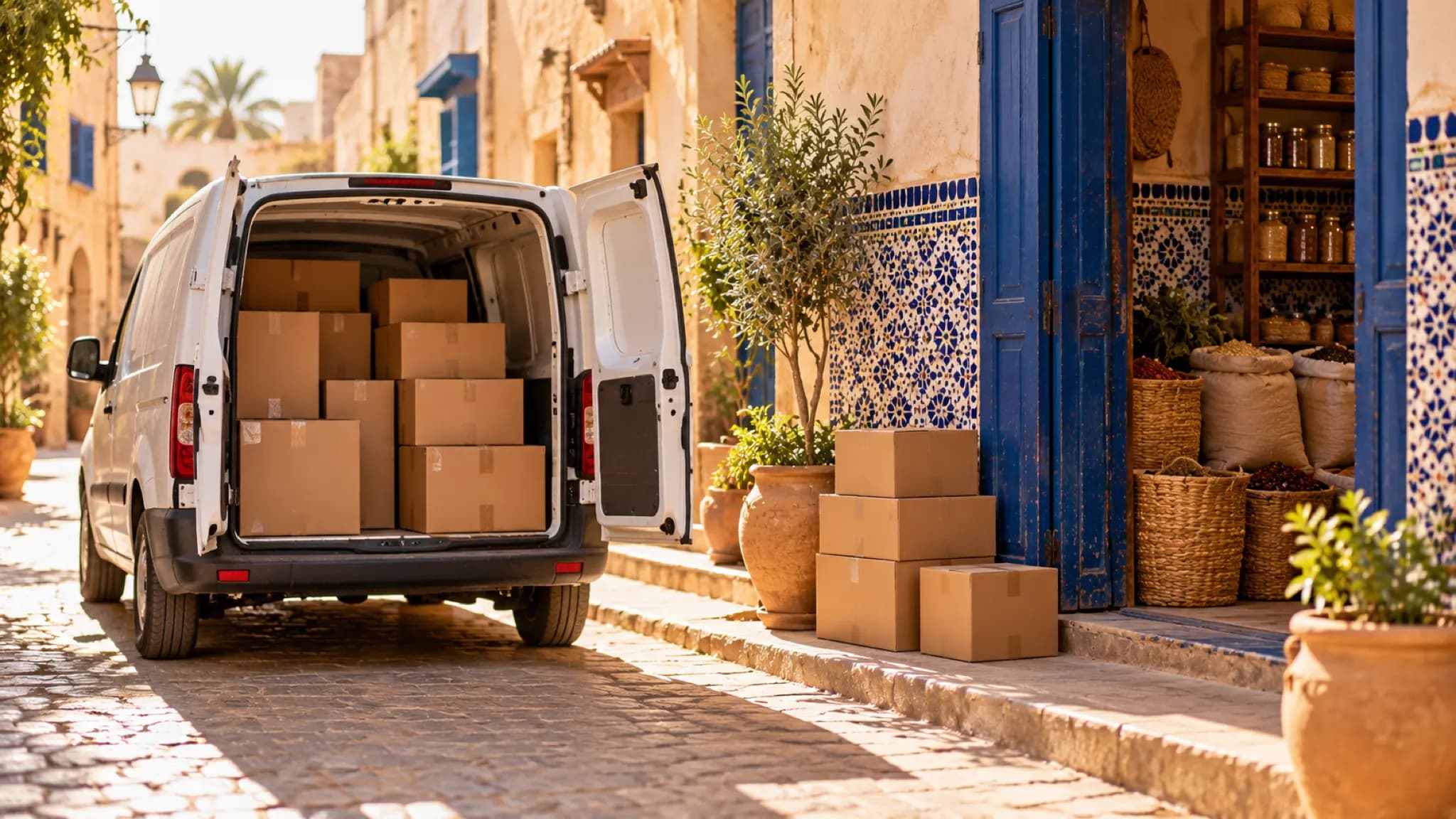 Une camionnette de livraison chargée de cartons, garée devant une boutique