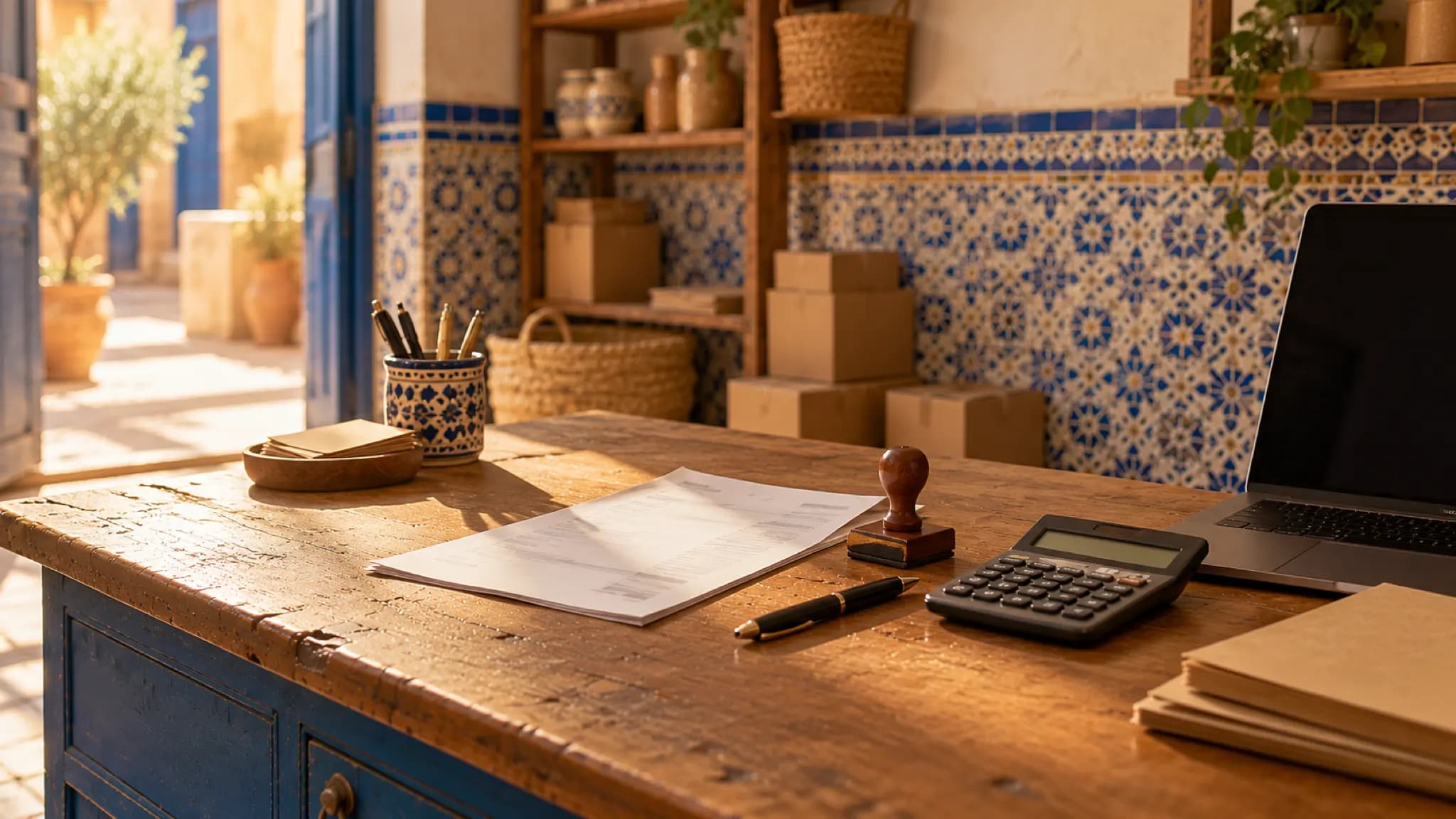 Une facture imprimée sur un bureau, avec un tampon et une calculatrice