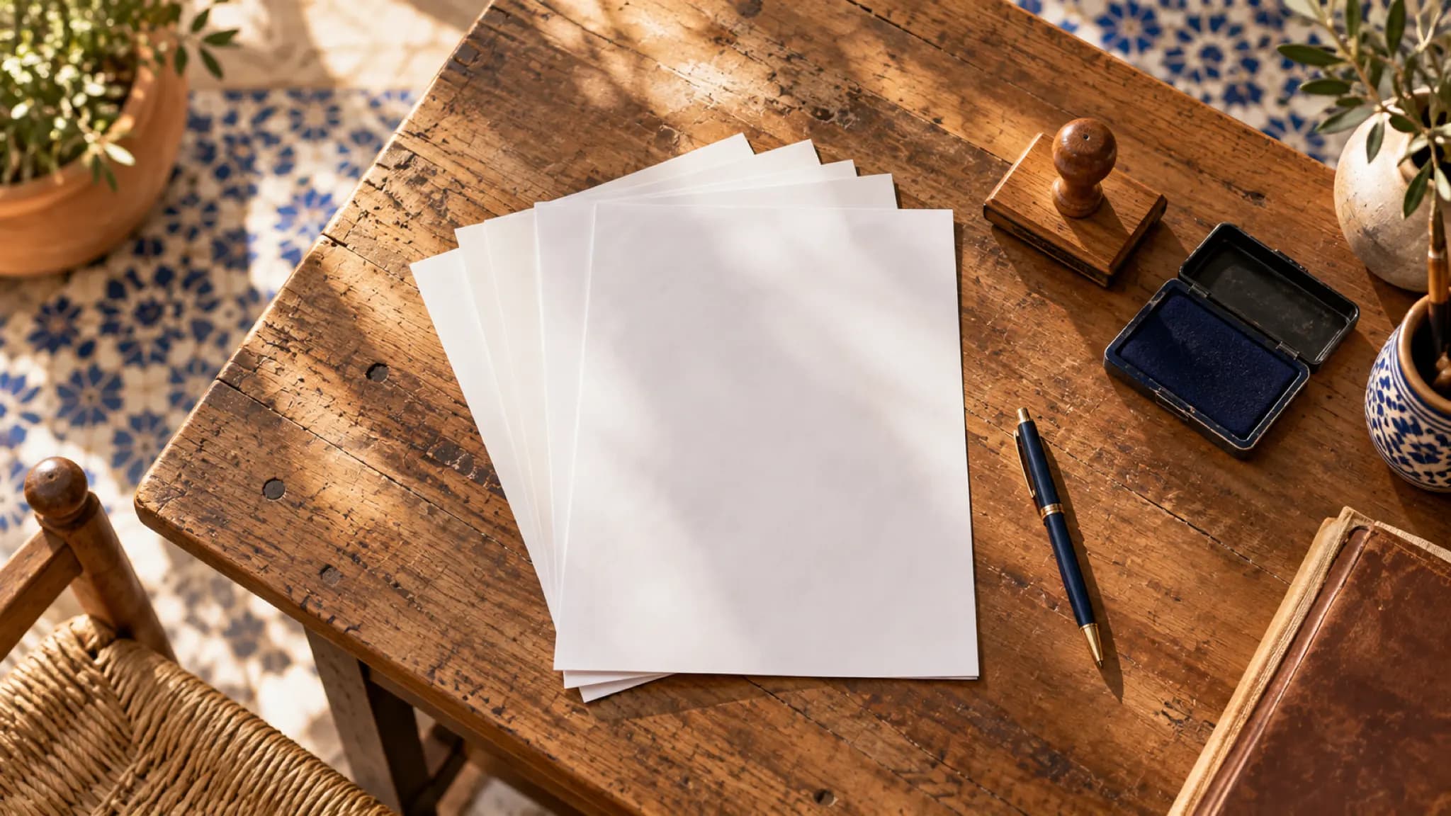 Des feuilles blanches en éventail sur un bureau, avec un tampon