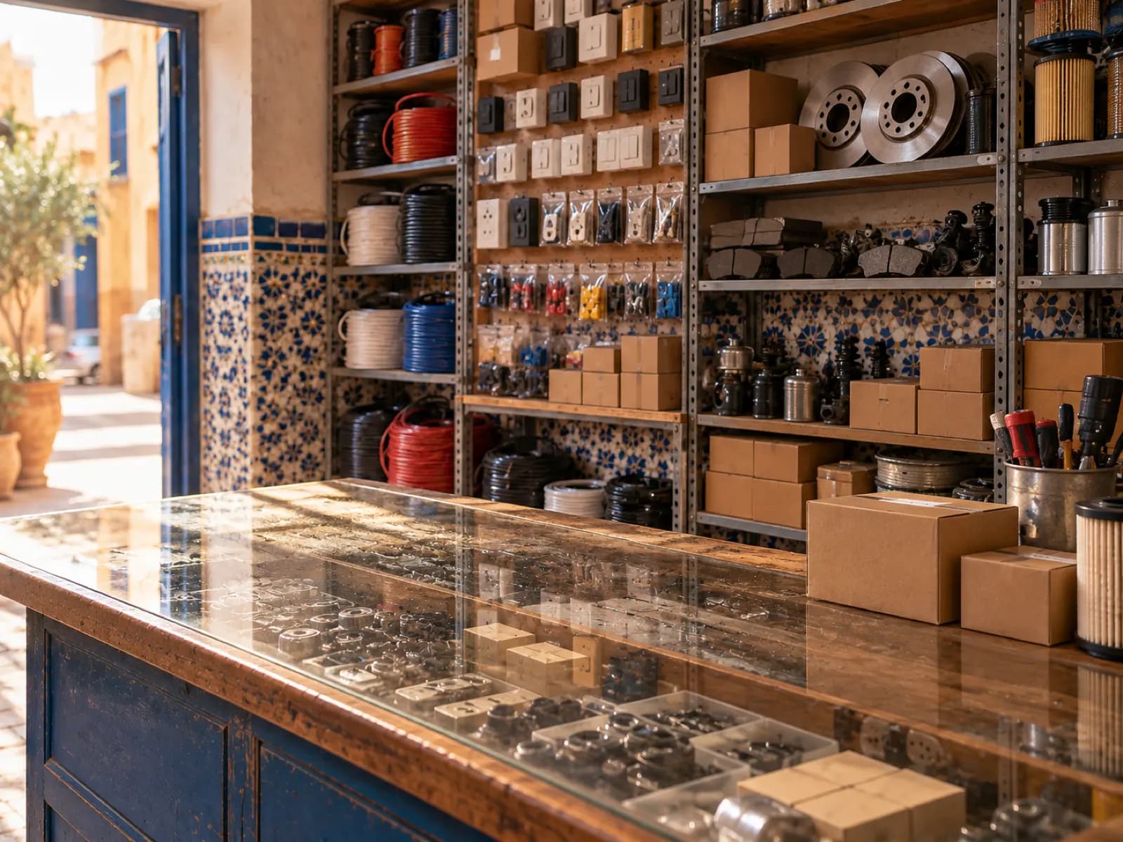 Un magasin de pièces auto et d'électricité, vitrine au premier plan