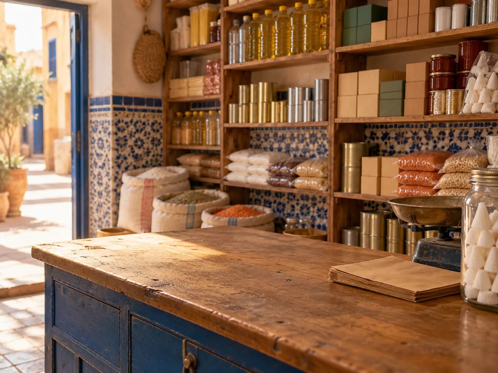 Le comptoir d'une épicerie de quartier, rayons remplis derrière