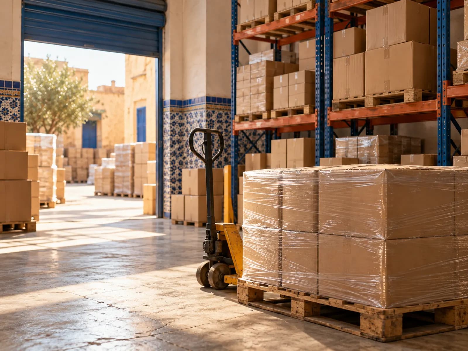 Un dépôt de grossiste : rayonnages de cartons et palette filmée