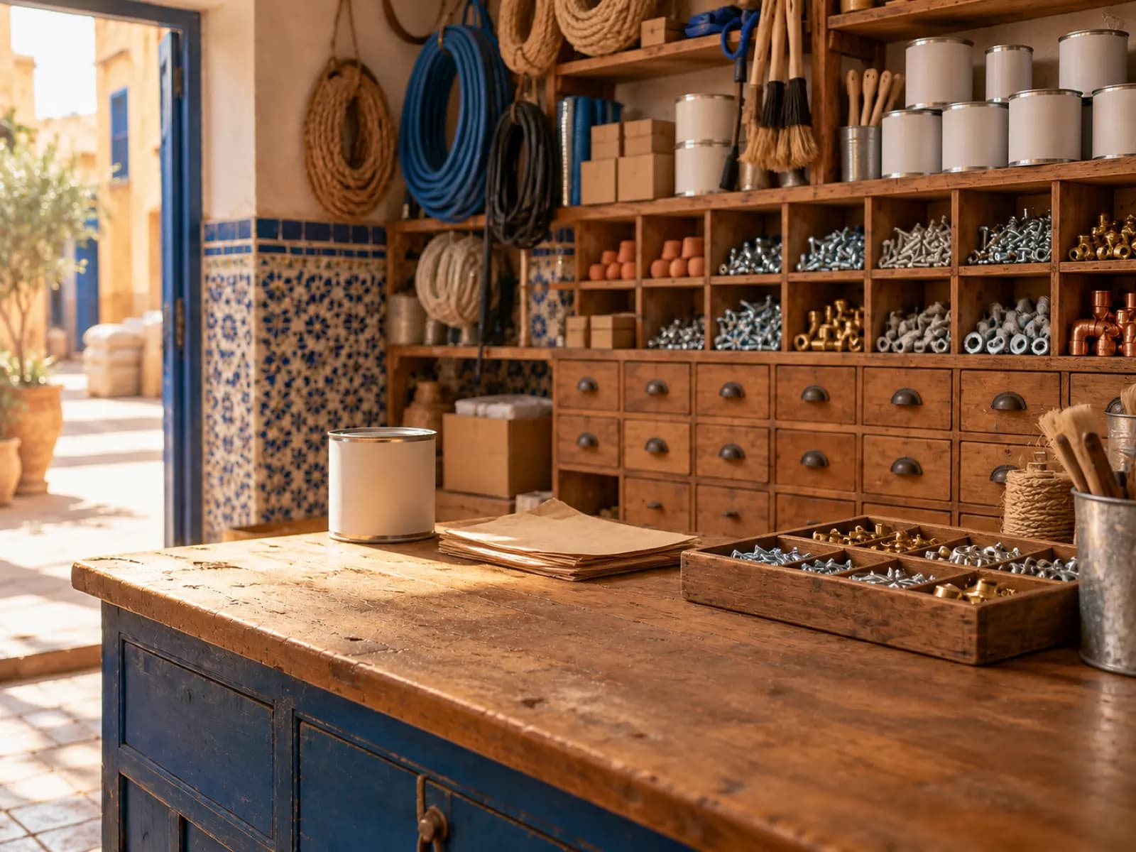 Une droguerie : tiroirs de visserie, cordes et pots de peinture
