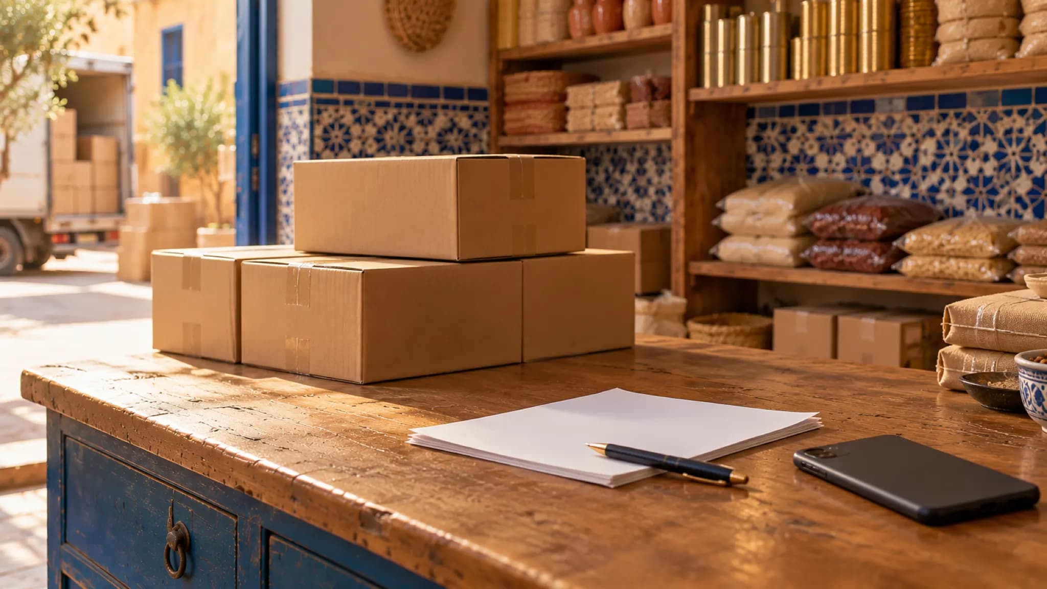 Des cartons empilés sur le comptoir en bois d'un grossiste, avec un bloc de papier, un stylo et un téléphone posé écran contre le comptoir.