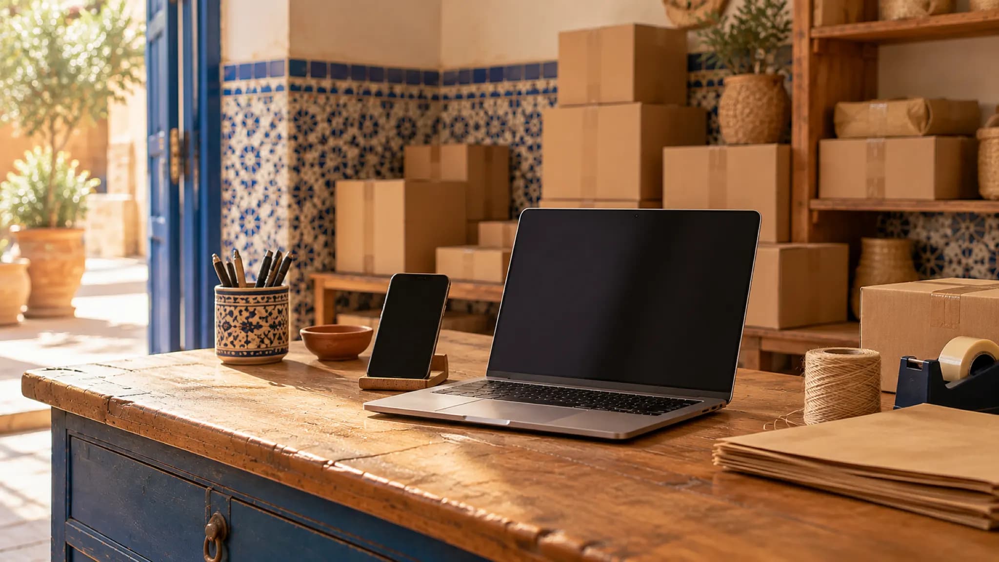 Un smartphone et un ordinateur portable, écrans éteints, sur un bureau en bois devant des cartons empilés dans une réserve.