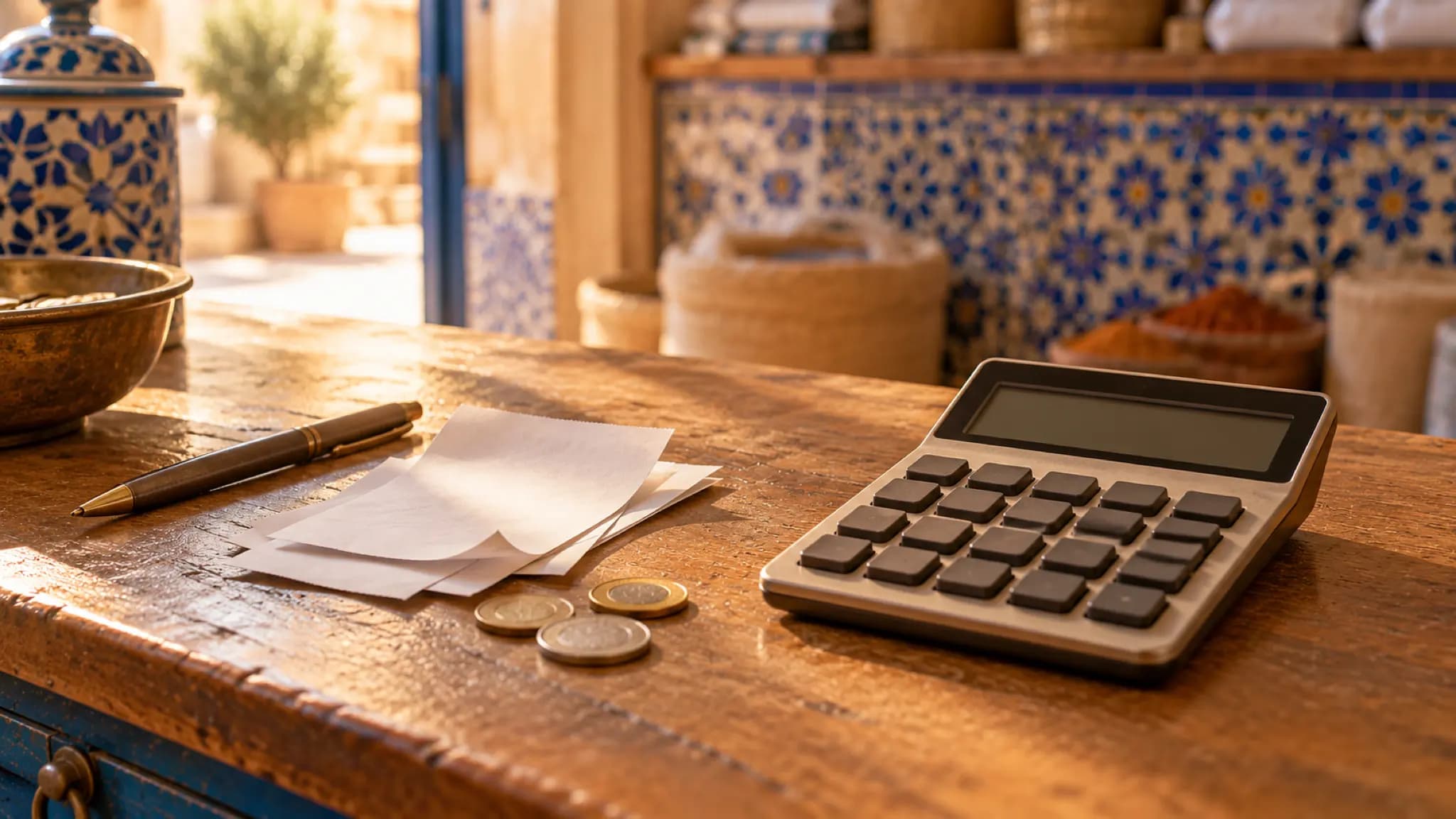 A calculator, receipts and a few coins on a counter