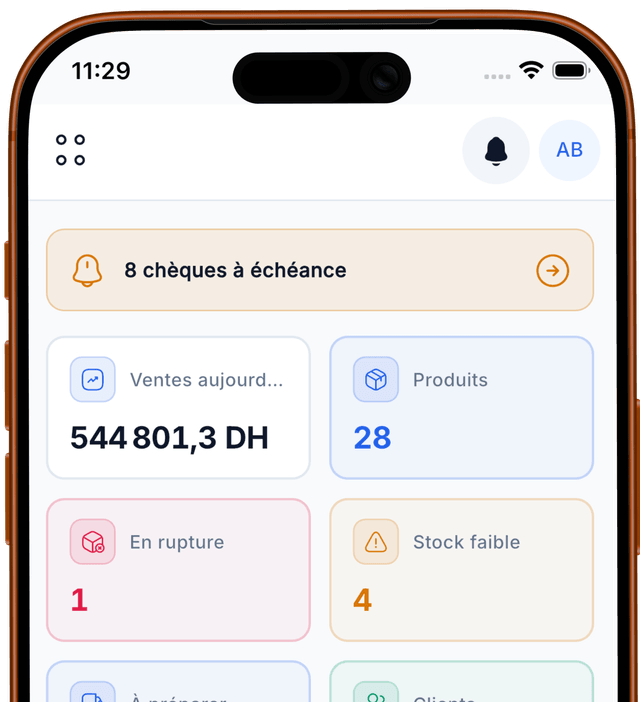 Logiciel de gestion de stock pour les commerces marocains : ventes, achats, inventaire, dépôts, clients, créances et caisse.